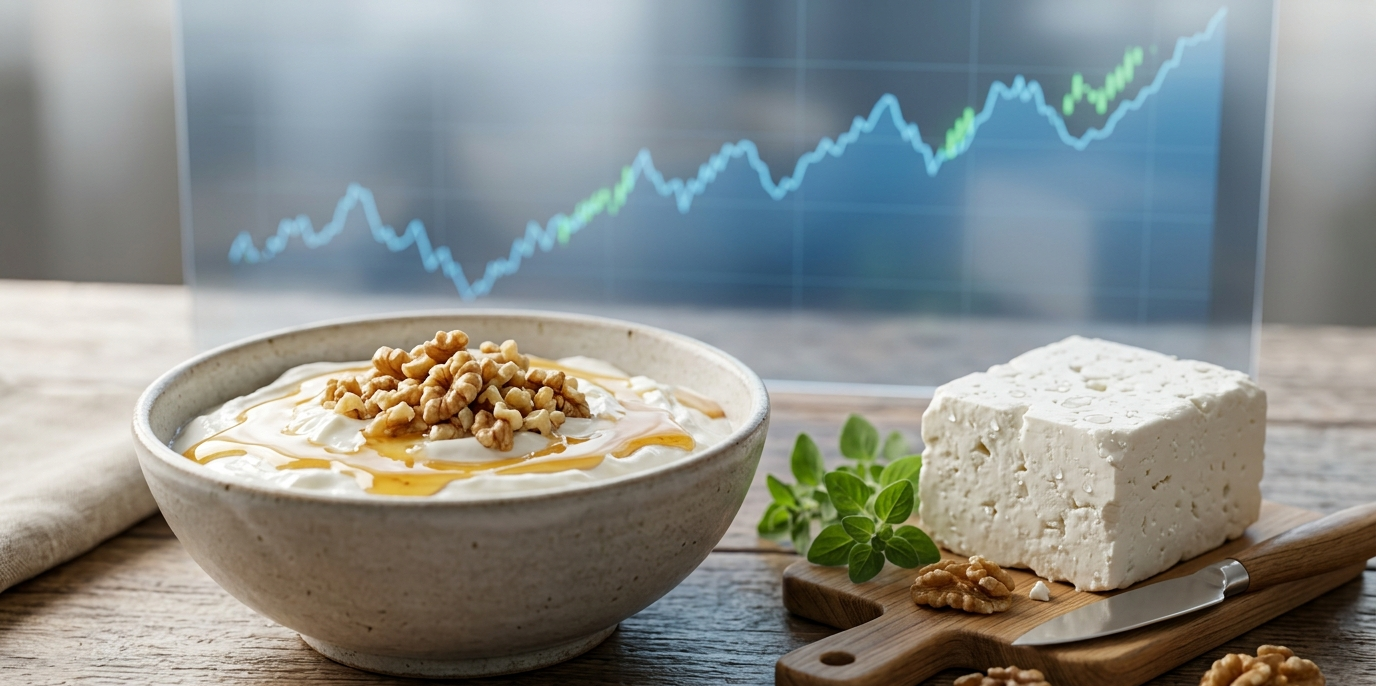 Οι εξαγωγές γαλακτοκομικών στα Βαλκάνια: premium ελληνικό γιαούρτι και τυριά σε ξύλινο τραπέζι με φόντο ανοδικό οικονομικό διάγραμμα.